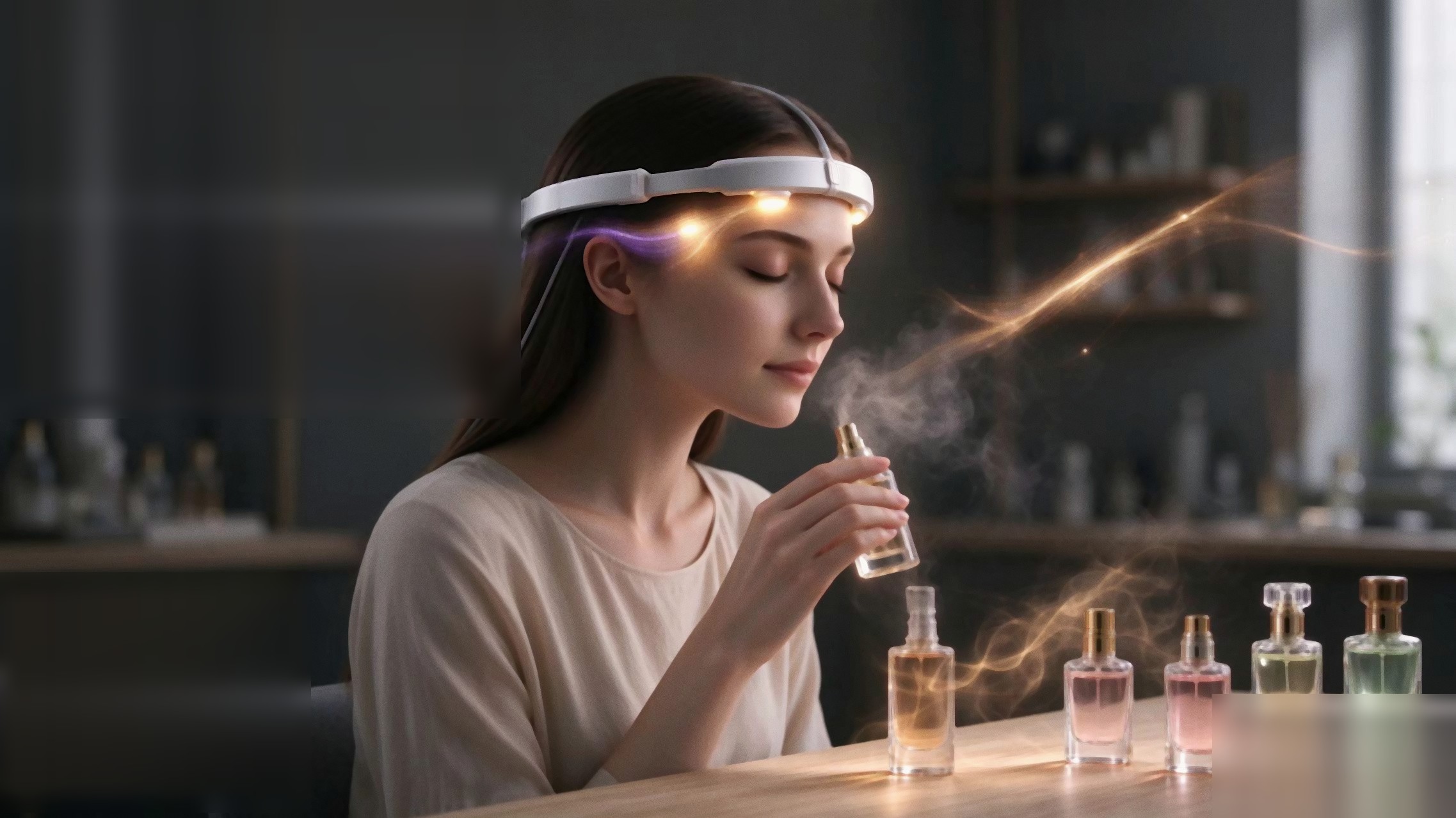 佩戴脑机设备的体验者正在闻香，脑波数据实时采集