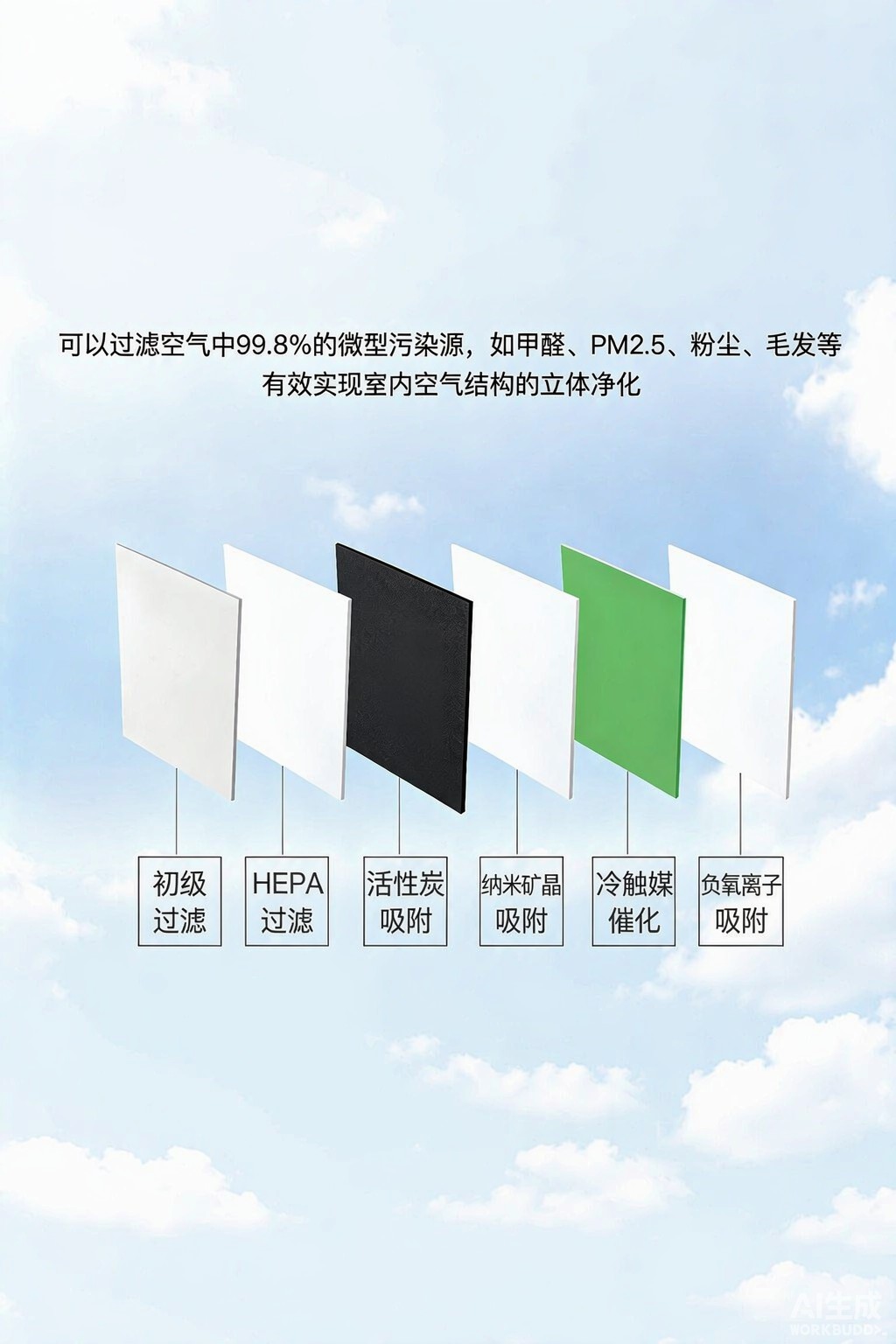 六级过滤结构分层示意：初效过滤、HEPA、活性炭、纳米矿晶、冷触媒催化与负氧离子吸附