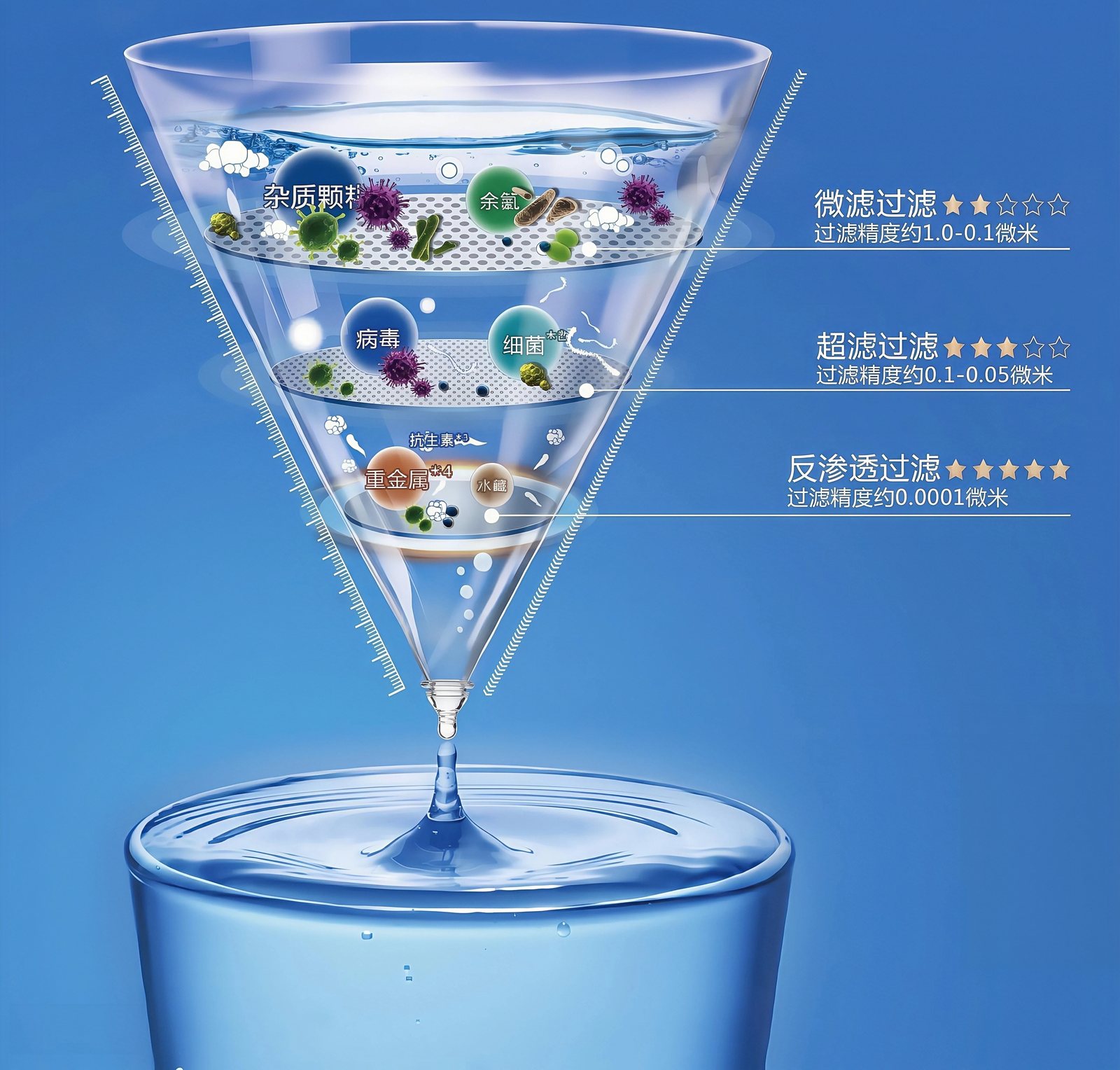 净水过滤精度分级示意：微滤、超滤与反渗透的孔径对比